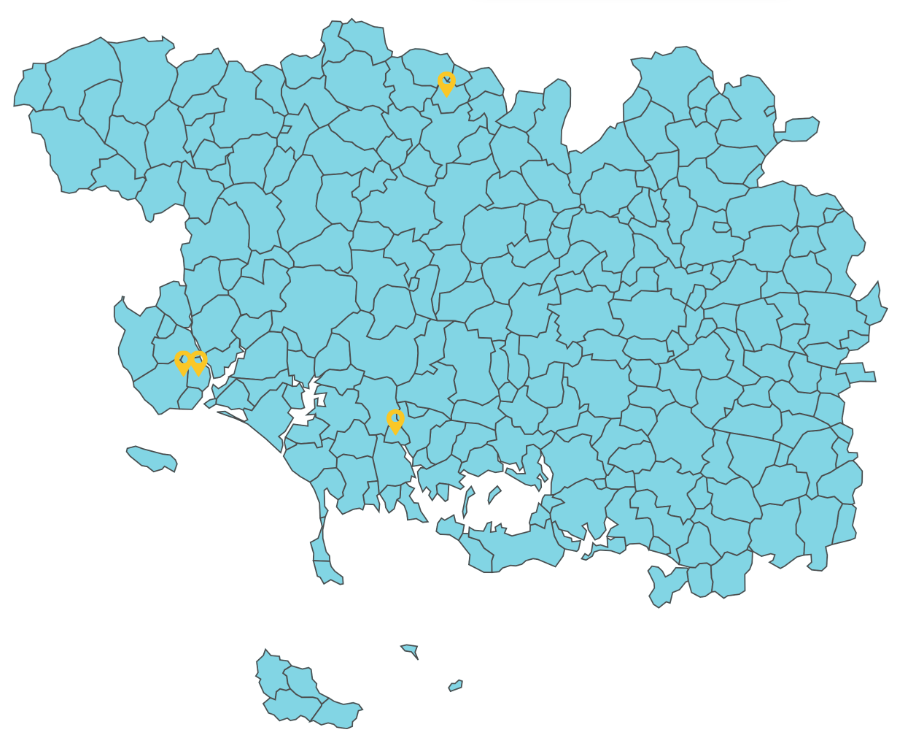 La carte du Morbihan avec la localisation des quatre boutiques une à Auray, une à Pontivy, une à Lorient centre et une à Lorient Plénéno