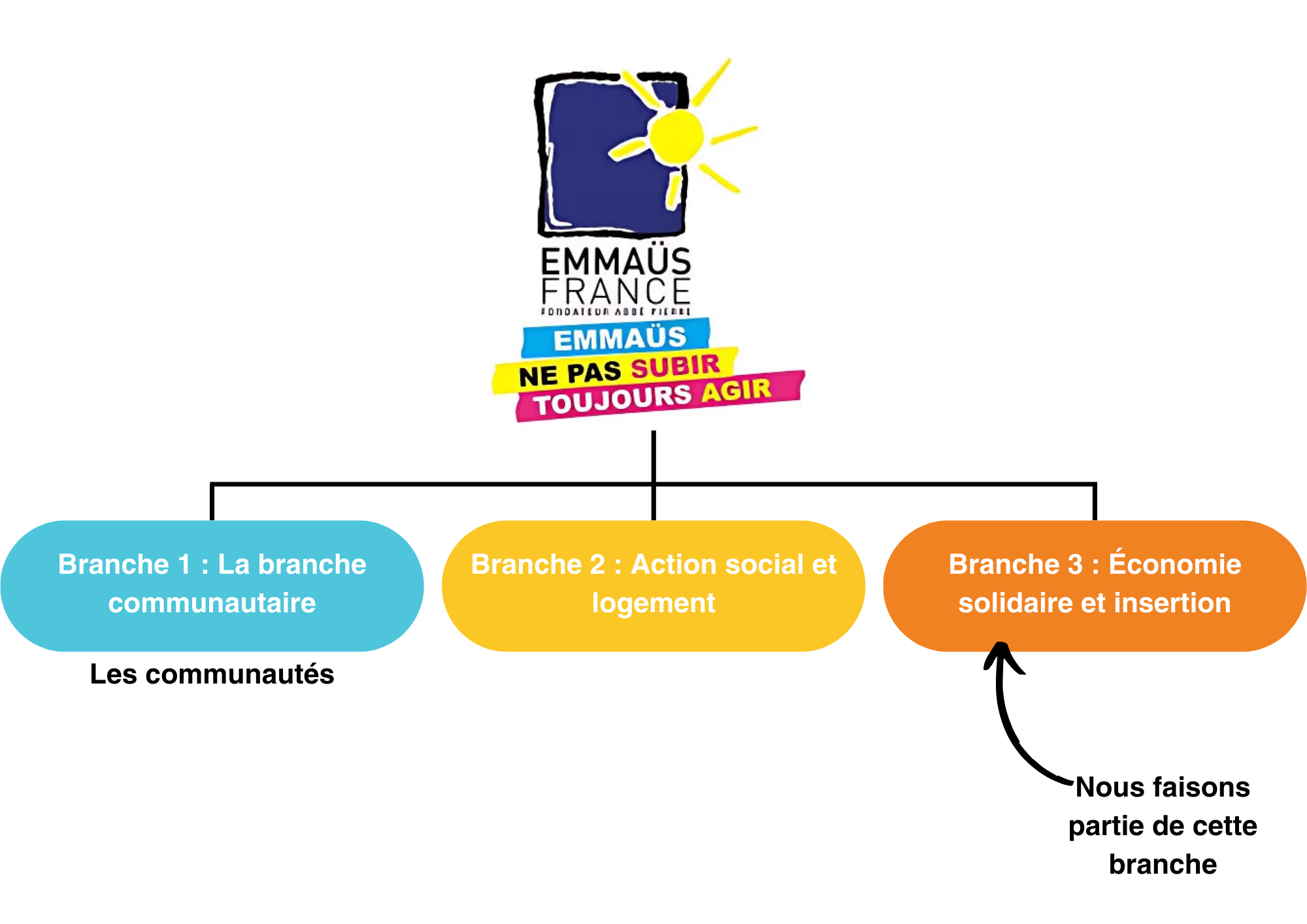 Organisation des différentes branches d'Emmaüs et de la philosophie Emmaüs avec la branche 1 qui est la branche communautaire, la branche 2 qui est l'action social et logement et enfin la branche 3 économie solidaire et insertion. C'est dans cette dernière que se trouvent les boutiques Emmaüs Sacré Dressing.